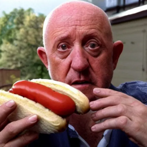 Prompt: mike ehrmantraut selling hot dogs