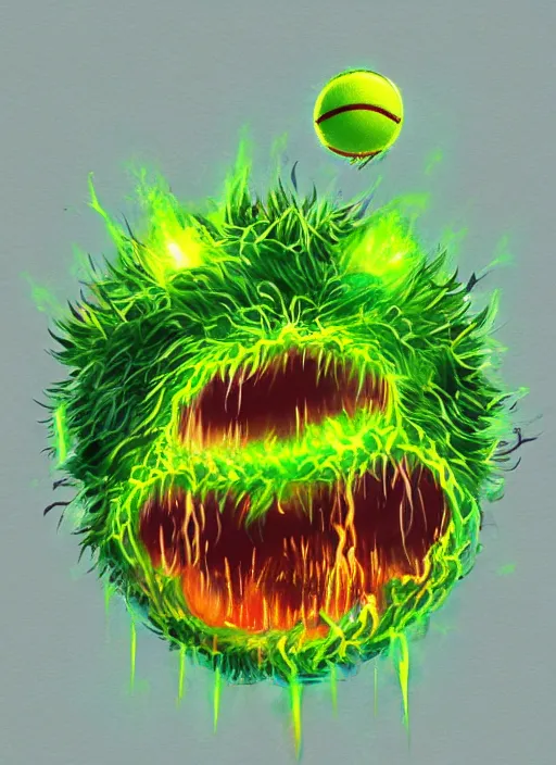 Prompt: tennis ball monsters playing tennis, a tennis ball monster ,tennis ball,amazing, lasers, explosions, fire, digital art, fantasy, magic, trending on artstation, ultra detailed, professional illustration,chalk, poster artwork by Basil Gogos , clean