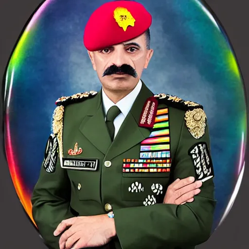Image similar to professional portrait of an arab military general with a big mustache wearing a beret, rainbow background, 8 k, intricate, detailed,