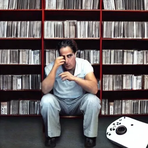 Image similar to michael corleone, dejected, sitting on a pile of xbox consoles, in front of a shelf of video game cd