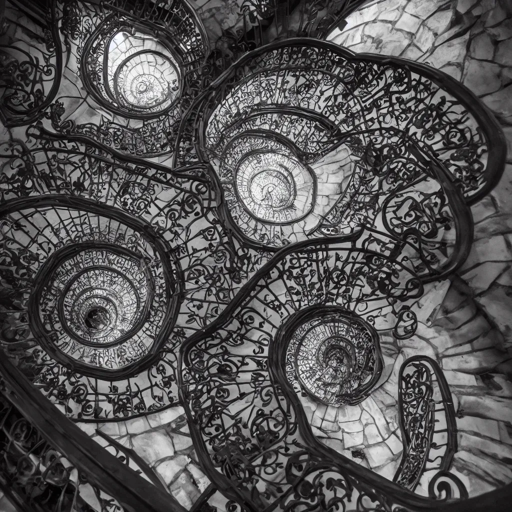 Image similar to grand spiral staircase going down deep in a dark hole, baroque, by etienne - louis boullee and gaudi, dramatic volumetric cinematic light, chiaroscuro, leica, high quality, high detailed