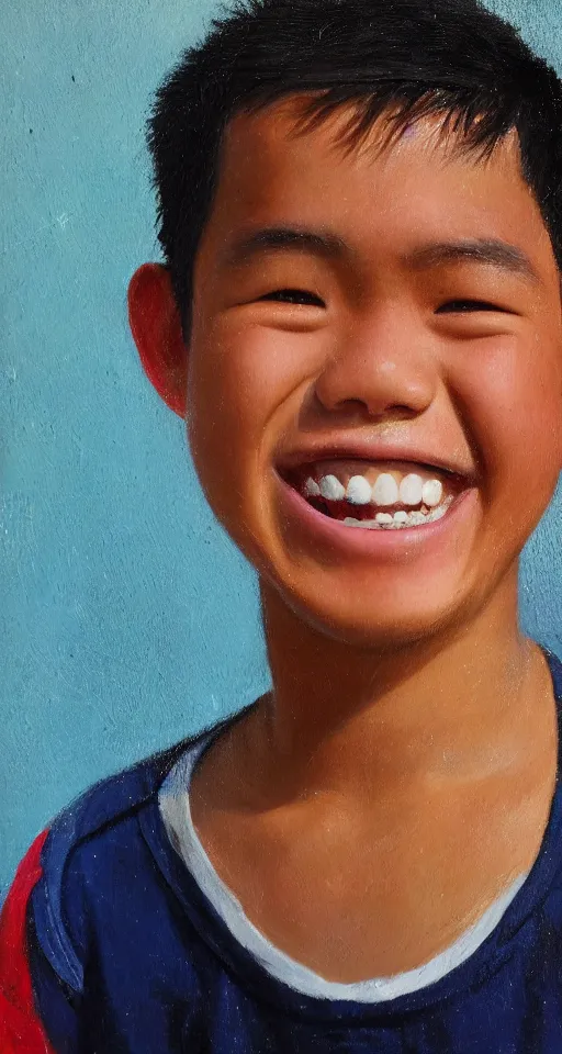 Prompt: oil portrait of one teenage chubby filipino boy smiling with crooked teeth, with a curly perm, and with small studded earings, 4 k, photorealistic, high detail