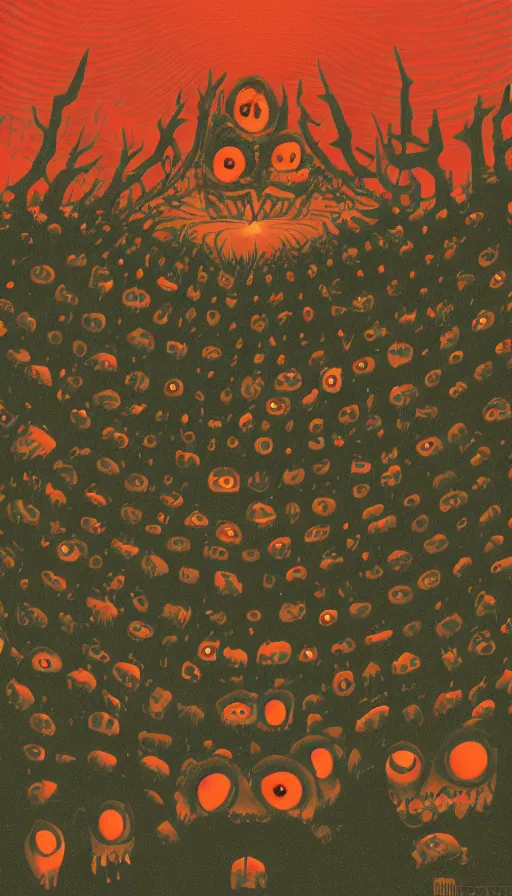 Prompt: a storm vortex made of many demonic eyes and teeth over a forest, by kurzgesagt,