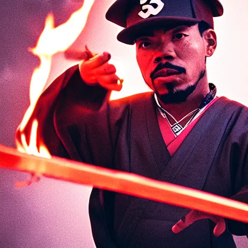 Image similar to cinematic film still of Chance The Rapper starring as a Samurai holding fire, Japanese CGI, VFX, 2022, 40mm lens, shallow depth of field, film photography