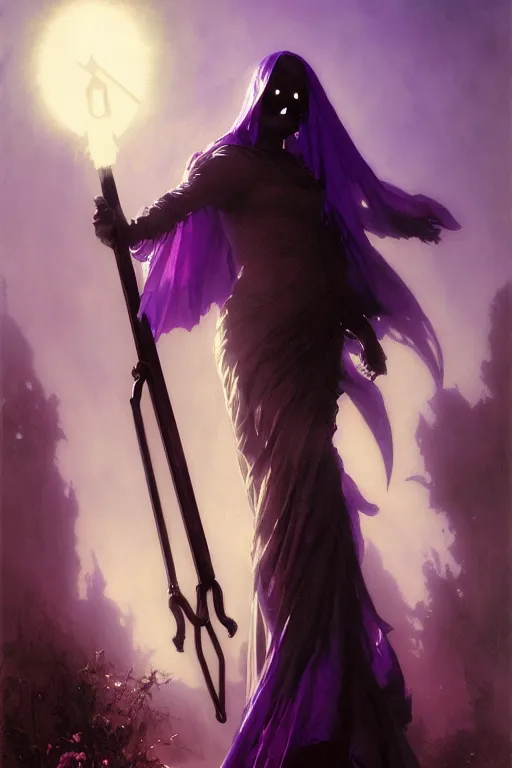 Image similar to grim reaper in a flowing dress, purple hair, holding a scythe, funeral, backlit, godrays, portrait dnd, painting by gaston bussiere, craig mullins, greg rutkowski, yoji shinkawa