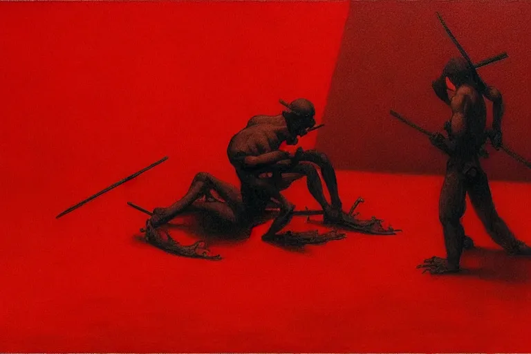 Image similar to only with red, a red samurai do seppuku, tokio, a lot of frogs watch, in the style of beksinski, parts by edward hopper, parts by rodcenko, parts by yue minjun, intricate and epic composition, red by caravaggio, insanely quality, highly detailed, masterpiece, red light, artstation, 4 k