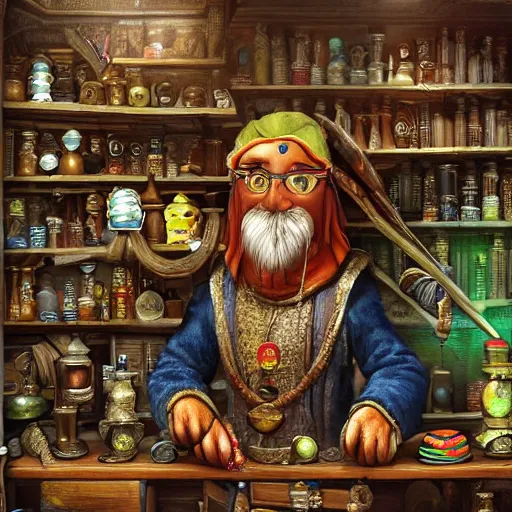 Prompt: Anthropomorphized parrot trader in his shop, shelves full, selling a gem, portrait, items, magic potions, carpet, window, sly expression , cunning expression, cute expression, presenting magic gem, D&D, fantasy, cinematic lighting, highly detailed, digital painting, artstation, concept art, smooth, sharp focus, illustration, warm light, cozy warm tint, magic the gathering artwork, volumetric lighting, 8k, no gold, no gold colours, art by Akihiko Yoshida, Greg Rutkowski