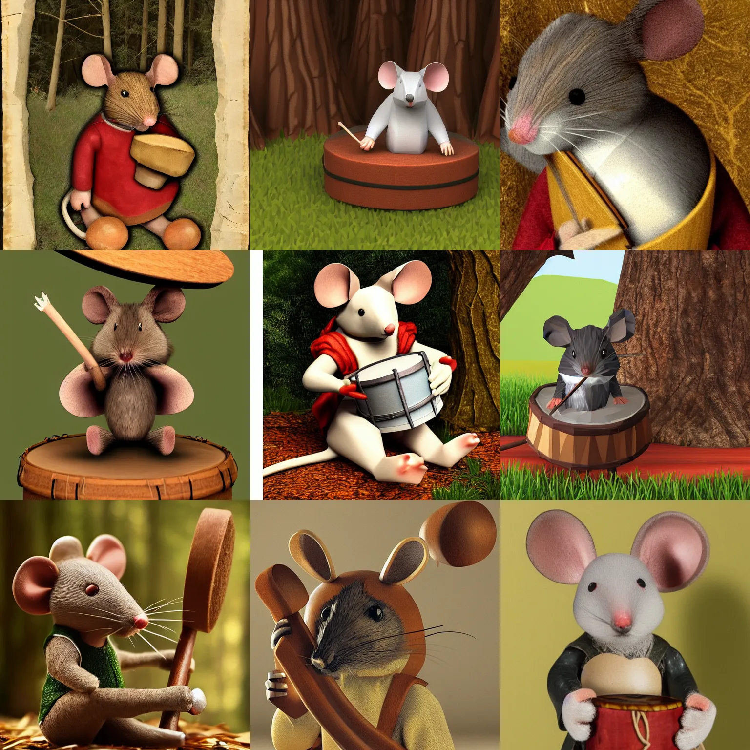 Prompt: mouse holding a drum, sitting in the forrest, medieval portrait, low poly, close up