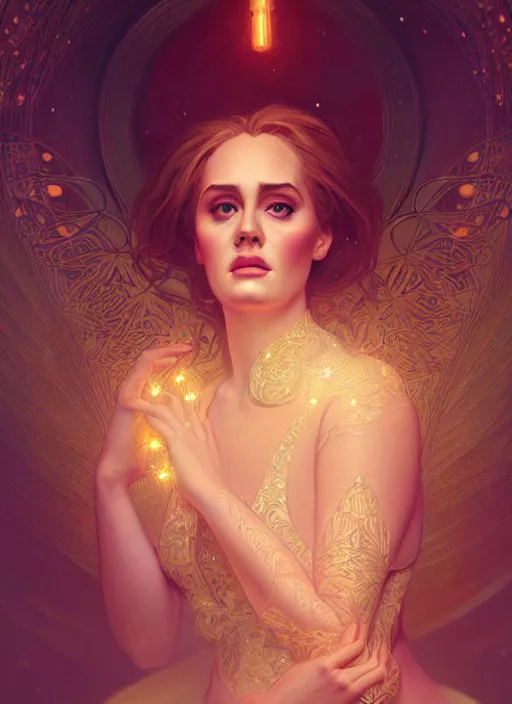 Image similar to portrait of adele, intricate, elegant, glowing lights, highly detailed, digital painting, artstation, glamor pose, concept art, smooth, sharp focus, illustration, art by wlop, alphonse mucha and greg rutkowski