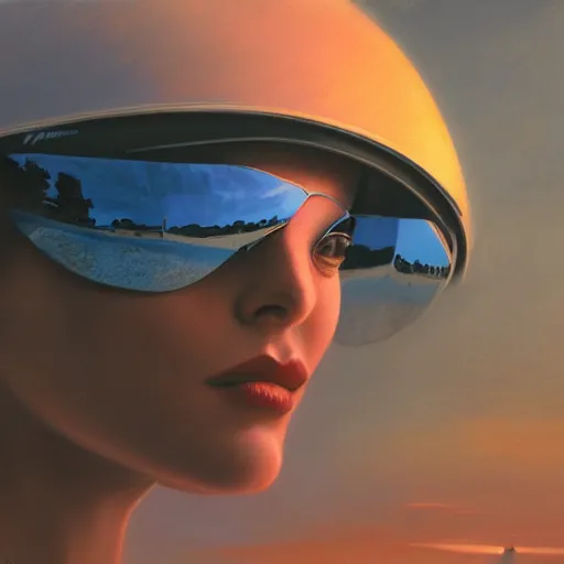Prompt: detailed face of a woman, sunset, visor, moment, tectonic sky, skydome, bullet train, turbines, utopian, tech noir, wet reflections, prism, atmospheric, ambient, pj crook, syd mead, livia prima, artgerm, greg rutkowski, nick alm, casey baugh