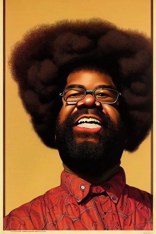 Image similar to portrait of questlove from the roots by gil elvgren and norman rockwell and rob gonsalves and hajime sorayama, hyperrealistic, high detail, ultra detailed, highly detailed face