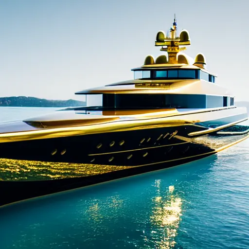 Image similar to old man polishing a gold plated mega yacht, clear and focused, elegant, photograph