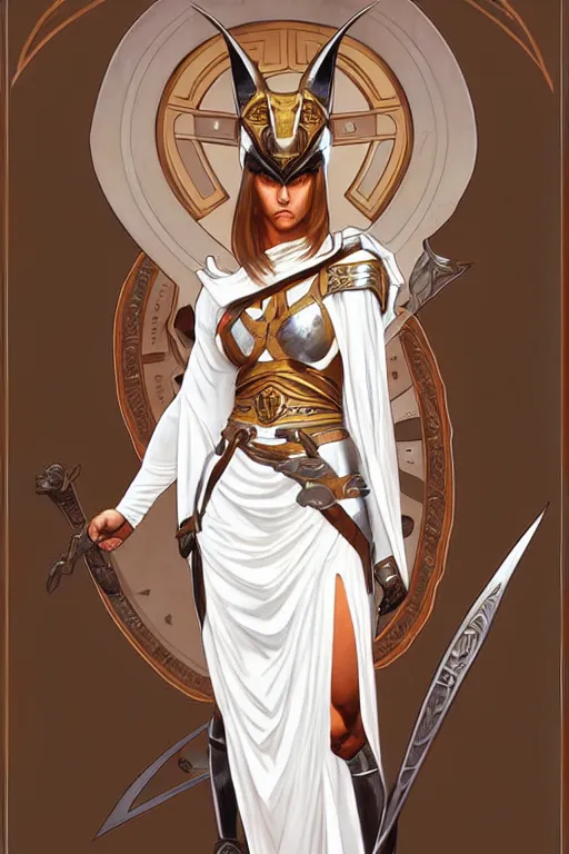 Image similar to portrait of strong caracal wearing white toga. smooth silver armour, deep focus d & d, by artgerm and greg rutkowski and alphonse mucha