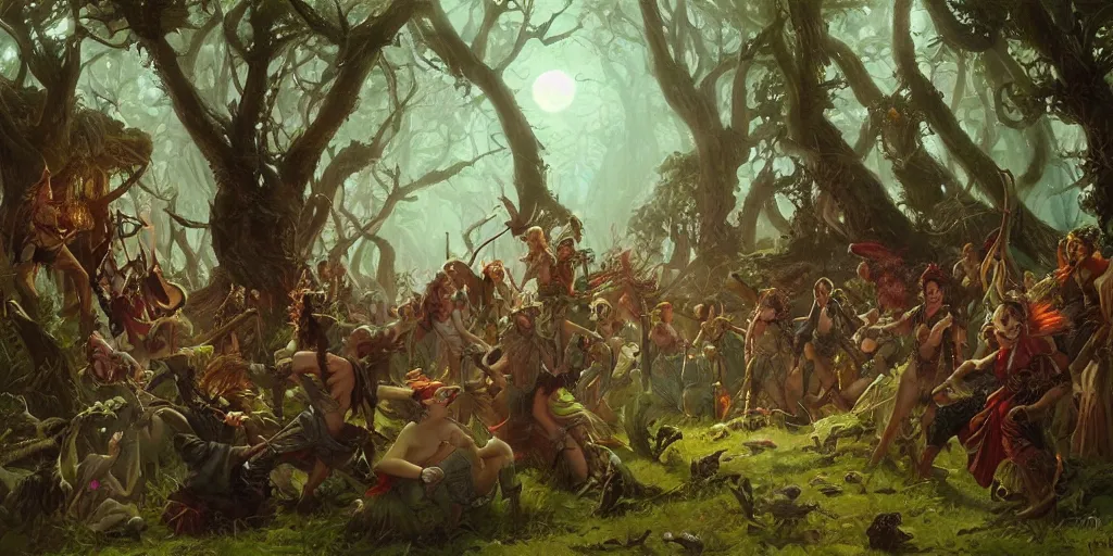 Image similar to fantasy painting with a forest party where witches and pirates are having lots of fun and rum, by Greg Rutkowski and Michael Whelan