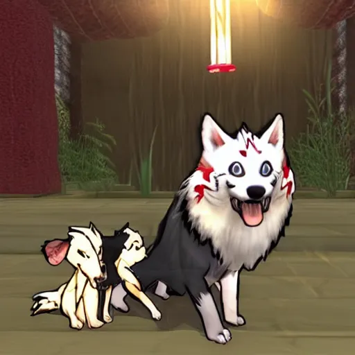 Prompt: Screenshot of the Markiplier character in the PlayStation 2 game Okami. HDR, 4k, 8k, Okami being petted by the YouTuber Markiplier, who is looking at the camera while petting Okami. Very accurate depiction of Markiplier in Okami. Okami the wolf looks exactly like the game when he was pet by Markiplier