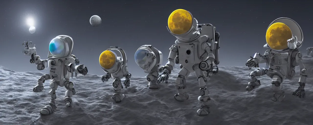 Prompt: cute robots working on the moon, trending on artstation, 8K, pincushion lens effect