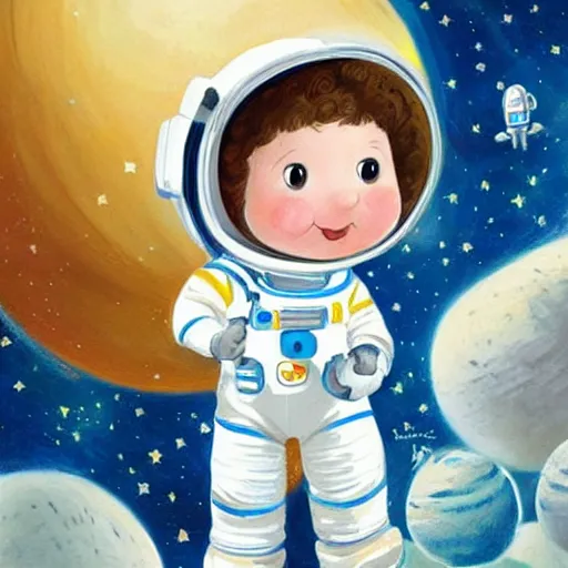 Image similar to a cute little girl with a round cherubic face, blue eyes, and short wavy light brown hair smiles as she floats in space with stars all around her. she is an astronaut, wearing a space suit. beautiful cartoon painting with highly detailed face by axel scheffler and greg rutkowski