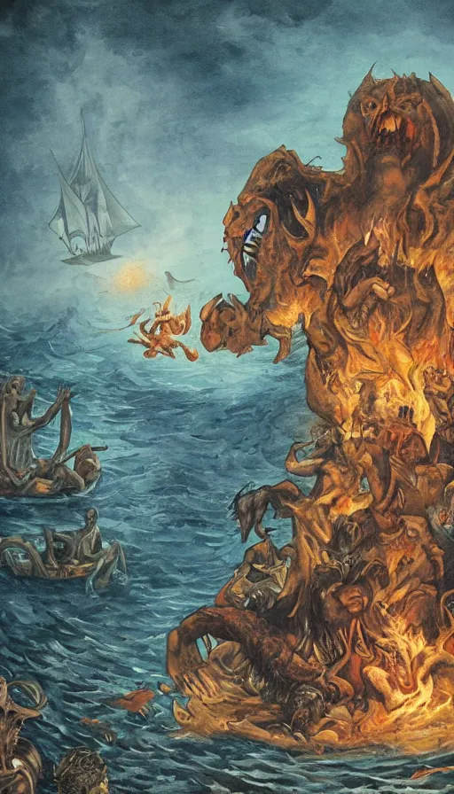 Prompt: man on boat crossing a body of water in hell with creatures in the water, sea of souls, by khara inc