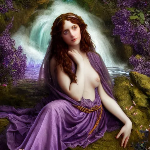 Prompt: a cinematic portrait of a romantic pre - raphaelite purple styled fairy surrounded by amethysts, sitting in a mystical waterfall cave, lilac sunrays, matte painting, highly detailed, 8 k