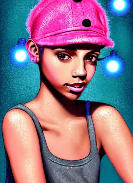 Image similar to portrait of teenage vanessa morgan with bright pink hair, black girl, curly pixie cut hair, wearing newsboy cap, pink short haircut, newsboy cap, hoop earrings, blue eyes, intricate, elegant, glowing lights, highly detailed, digital painting, artstation, concept art, smooth, sharp focus, illustration, art by wlop, mars ravelo and greg rutkowski