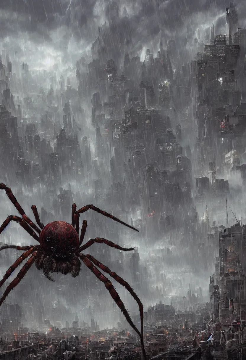 Prompt: A terrifying giant spider destroying a city, dramatic atmosphere, cinematic lighting, rain, masterpiece digital painting by Alex Grey, Greg Rutkowski, 4k wallpaper, artstation