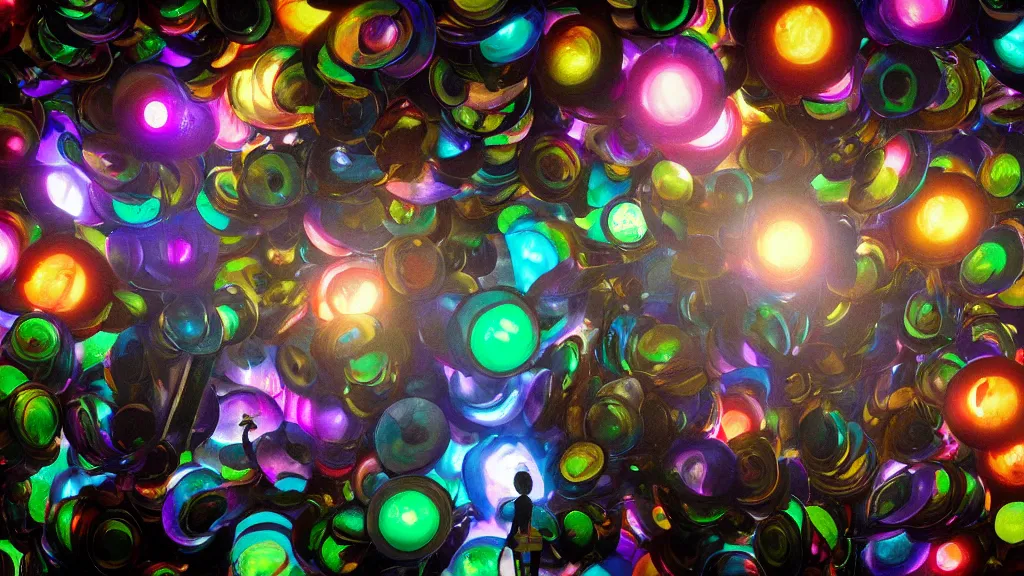 Image similar to swarm of colorful glowing iridescent discs surrounding an english man, by greg rutkowski