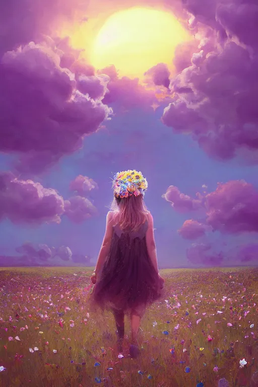 Image similar to giant white flower crown as head, veil girl walking in a flower field, surreal photography, sunrise, dramatic light, impressionist painting, colorful clouds, digital painting, artstation, simon stalenhag