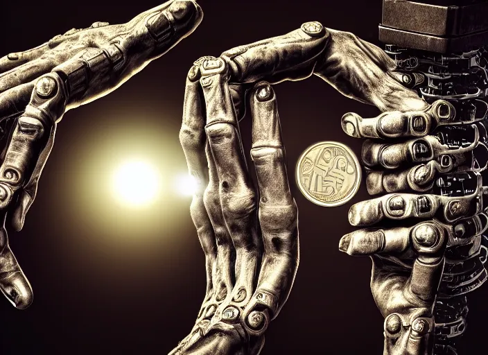 Image similar to mechanical cybernetic hands holding a coin that's worth 1 human soul, to be traded in hell. centered. horror cyberpunk dystopia style. highly detailed 8 k. intricate. nikon d 8 5 0 3 0 0 mm. award winning photography.