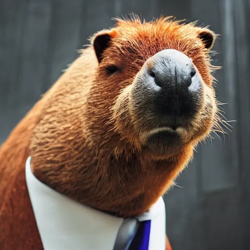 Image similar to a high detail photo of an antropomorphic capybara wearing a suit, subject= duck, subject detail: wearing a suit, photorealism