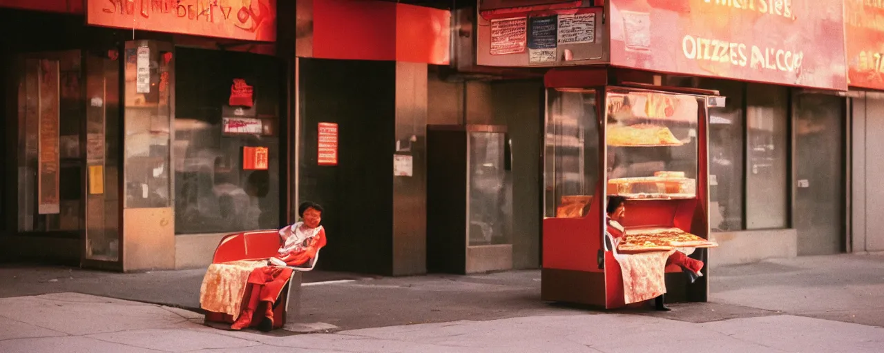 Image similar to a sentient slice of pizza waiting at a bus stop, canon 5 0 mm, cinematic lighting, photography, retro, film, kodachrome