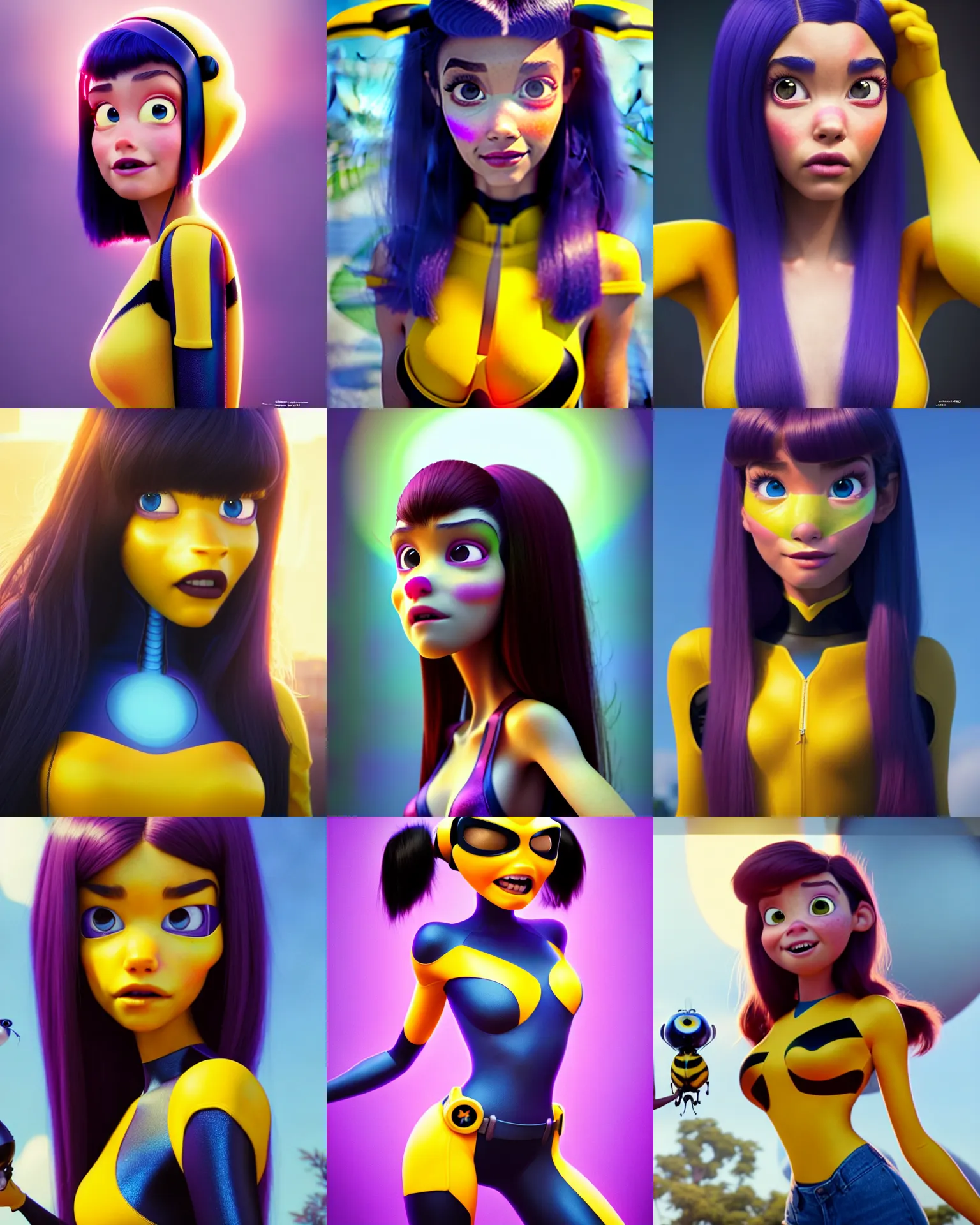 Prompt: pixar movie still portrait photo of madison beer : : college woman : : as hot bumblebee cyborg woman by pixar : : by greg rutkowski, wlop, rossdraws, artgerm, weta, marvel, colorful rave makeup, leeloo, unreal engine, glossy skin, pearlescent, shiny, 4 k, hdr, bright morning, spring fashion, anime, : :
