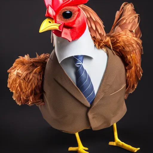 Image similar to a high quality photo of a chicken wearing a suit, 8k, Greg Rutkowsky