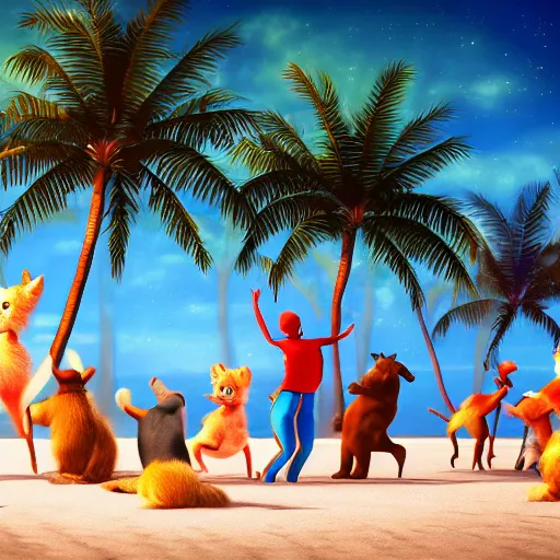 Prompt: Animals dancing at a party at the beach, cinematic, atmospheric, 8k resolution, Hyperrealistic