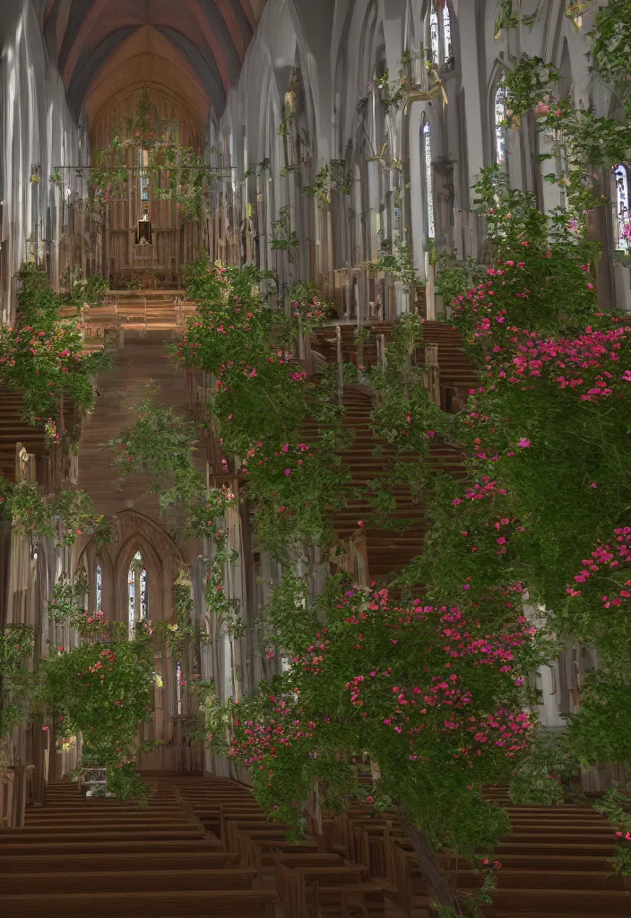 Image similar to a church filled with lots of plants and flowers, a flemish baroque by thomas cole, unsplash, baroque, sanctuary, rendered in unreal engine, unreal engine