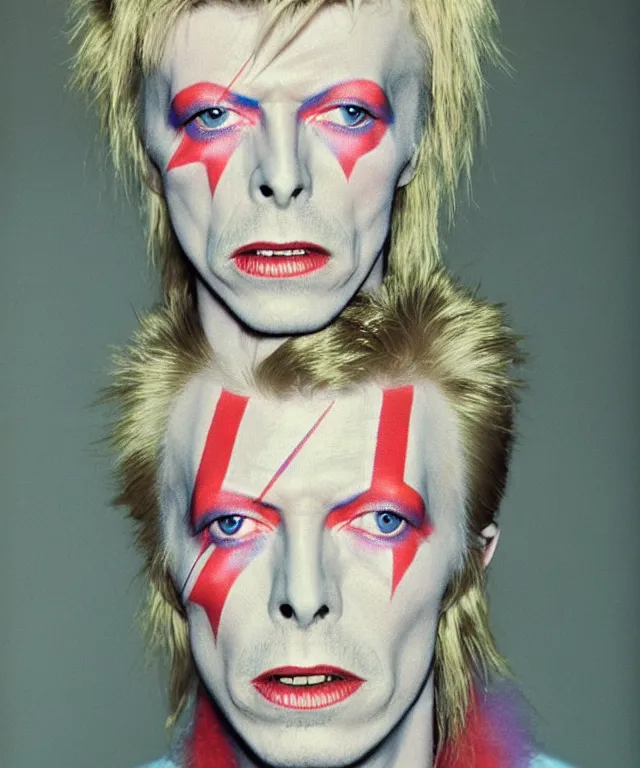 Image similar to a color photograph of david bowie, by thomas ruff, platinum blond, intense, bold, exaggerated, overblown, ultra sharp, extra details, ultra high quality, trending on pinteresst