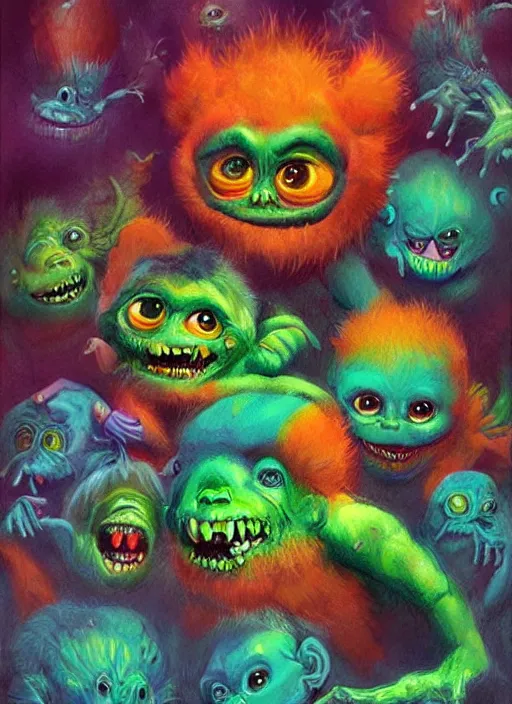 Prompt: cute baby monsters, colorful, digital art, fantasy, magic, trending on artstation, ultra detailed, professional illustration,chalk, poster artwork by Basil Gogos , clean