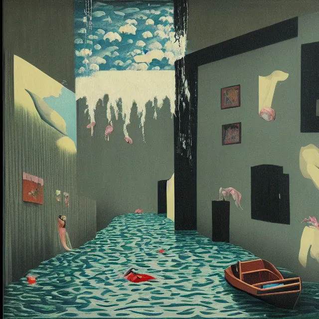 Prompt: painting of flood waters inside an apartment, tall female emo art student, a river flooding through a wall, tangelos, zen, pigs, ikebana, water, river, rapids, waterfall, black swans, canoe, pomegranate, berries dripping, acrylic on canvas, surrealist, by magritte and monet