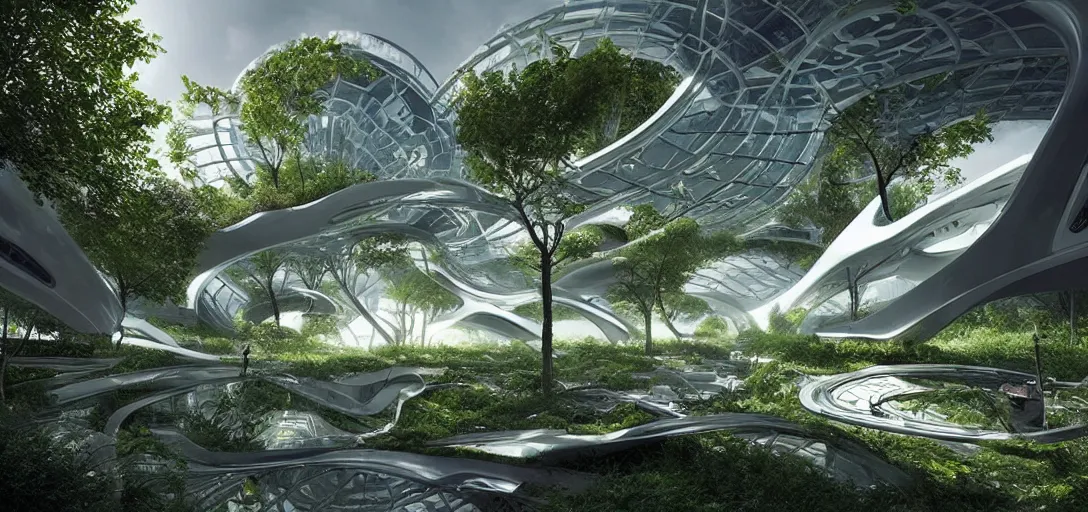 Prompt: a futuristic solarpunk garden, designed by zaha hadid, sci - fi, digital art by paul chadeisson