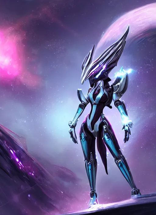 Prompt: detailed cinematic shot, cosmic sized perfectly proportioned stunning beautiful hot female warframe, detailed robot mecha female dragon head, metal ears led eyes, silver armor, fuschia leds, floating in empty space, nebula sized, holding a planet, epic proportions, epic size, epic scale, furry art, dragon art, giantess art, warframe fanart, furaffinity, deviantart