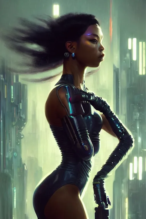 Image similar to very beautiful cyberpunk Normani as aeon flux profile picture by Greg Rutkowski, dynamic pose, intricate, futuristic, fantasy, elegant, by Stanley Artgerm Lau, greg rutkowski, thomas kindkade, alphonse mucha, loish, norman Rockwell, metal chrome, shiny, rainy background, asymmetric, long afro hair,