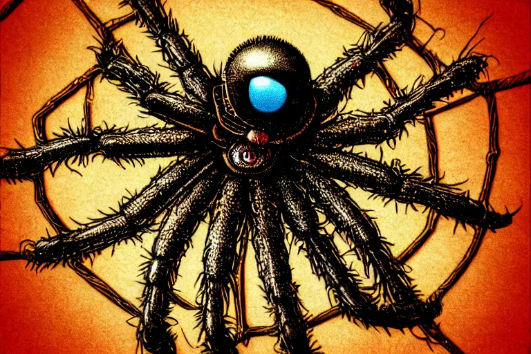 Image similar to steampunk spider!, in the style of denitza, trending on artstation, halfrear lighting closeup view anaglyph filter, bokeh, anime, comic book art