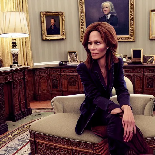 Image similar to portrait of maci holloway in the oval office, first woman elected as president in usa, cold but beautiful, about 3 5 years old, highly detailed, mix of halle berry and julia roberts, gong li, olga kurylenko, artstation hd, deviantart, by artgem, greg rutkowski