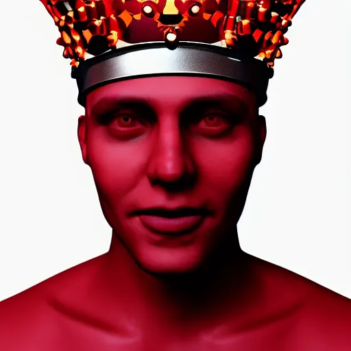 Image similar to man with a crown, smirk, photograph, black backgrounds, glowing red eyes, low poly