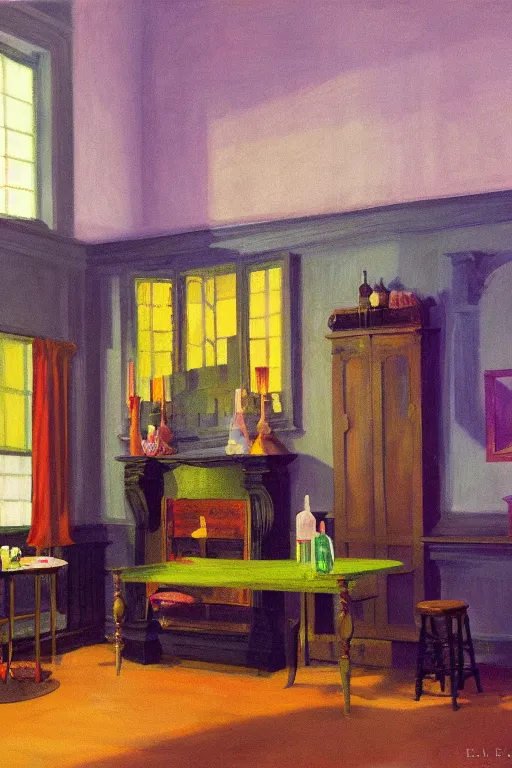 Prompt: a matte painting gothic counter parlor with bottles of potions and flickering candles colorful by edward hopper, tyler edlin
