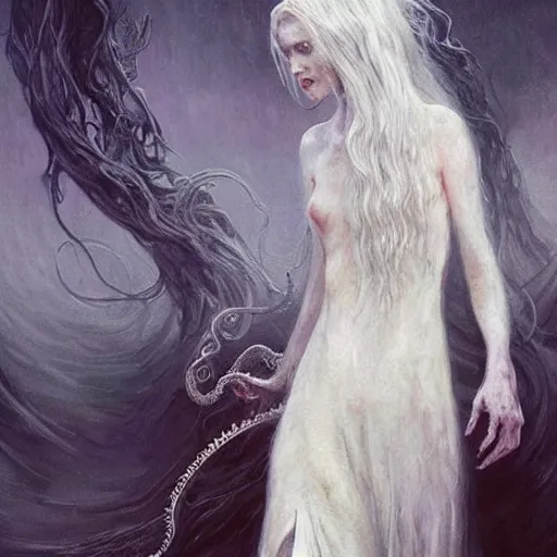 Prompt: a woman with tentacles as arms and with a long white dirty dress have a horrific face and long white hair, elegant, ethereal horror fantasy art by greg rutkowski and magali villeneuve and claude monet