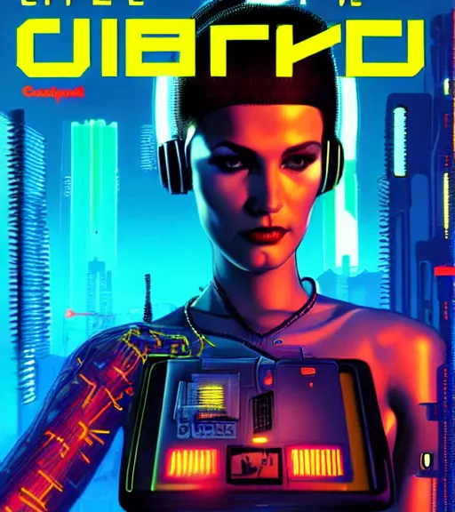 Prompt: cable plugged into cyberdeck, into head, very very beautiful cyberpunk woman, computer, 1 9 7 9 omni magazine cover, style by vincent di fate, cyberpunk 2 0 7 7, very coherent, detailed, 4 k resolution, unreal engine, daz