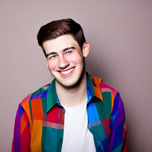 Prompt: beautiful colorful studio portrait photograph, of an happy young adult male, with short brown hair and no beard