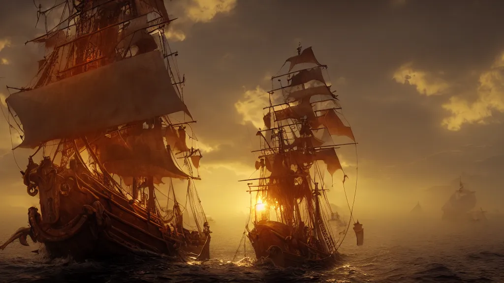 Image similar to a pirate ship, low angle, cinematic, golden hour, artstation, hd, mist