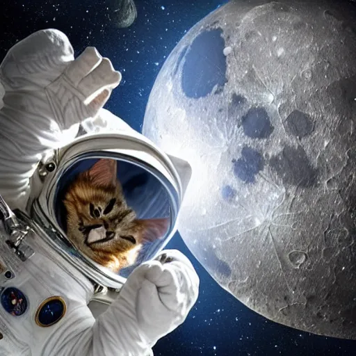 Prompt: a cat astronaut in space looking at the moon