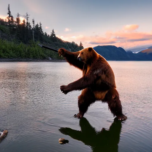 Image similar to kodiak bears kung - fu fighting on a lakefront using salmon as weapons, dusk, 8 k, hdr, cinematic, rule of thirds,